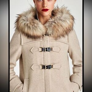 Zara Wool blend Pea Coat with Faux Fur Collar